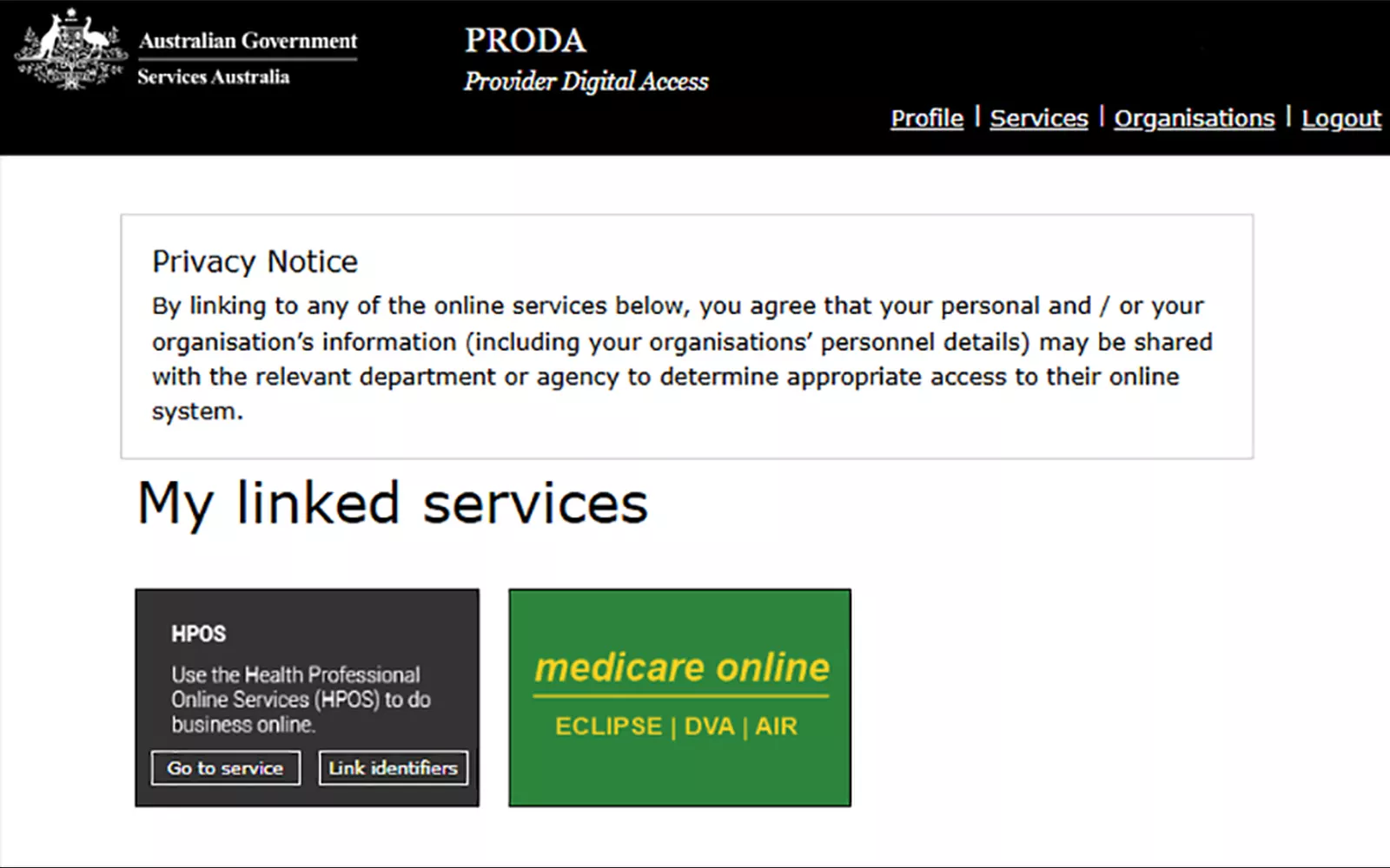 Screenshot of the PRODA portal's My linked services page, with tiles for HPOS and Medicare Online