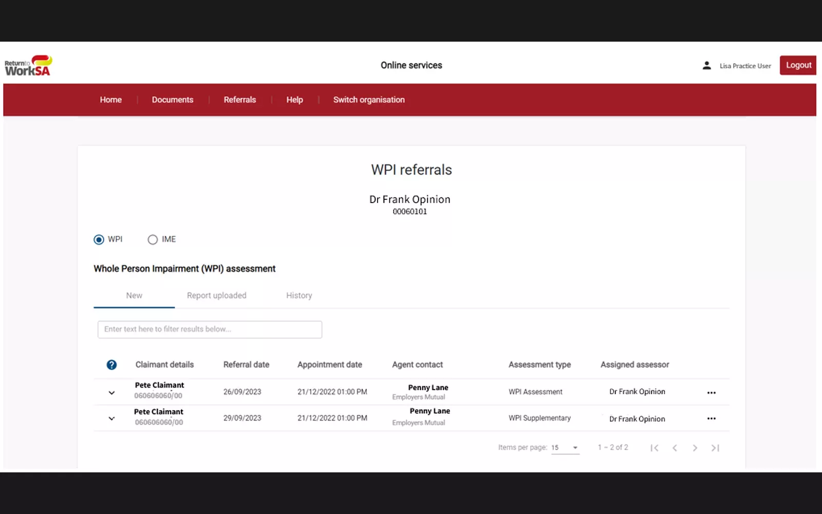 ReturnToWorkSA Online Services portal showing the WPI referrals screen with a red navigation bar and a table of referrals